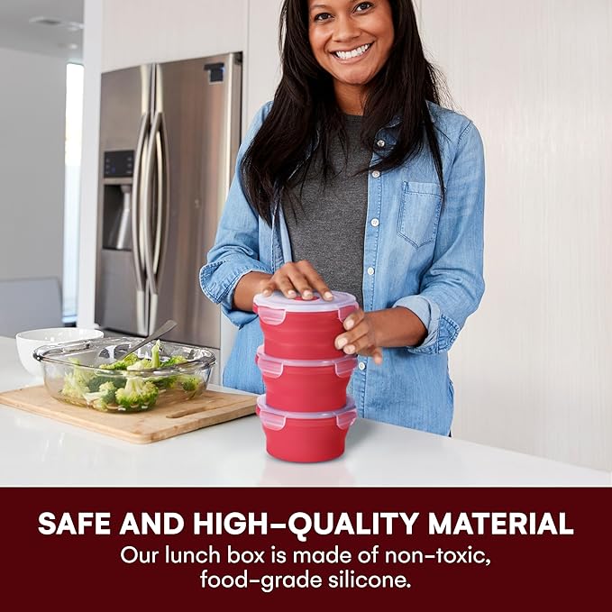 Collapsible Food Storage Containers with Lids - 13.5oz/0.4L Silicone Collapsible Bowl Sets with Airtight Lid - Round Silicone Food Containers Microwave, Freezer, and Dishwasher Safe - Set of 3, Red
