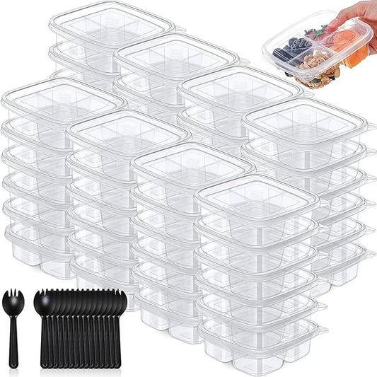 Dandat 50 Pcs Clear Plastic 4 Compartment Snack Containers Compartment Lunch Box with Lids Reusable Divided Snack Containers Clear Lunch Box with 50 Pcs Spork for School (Black)