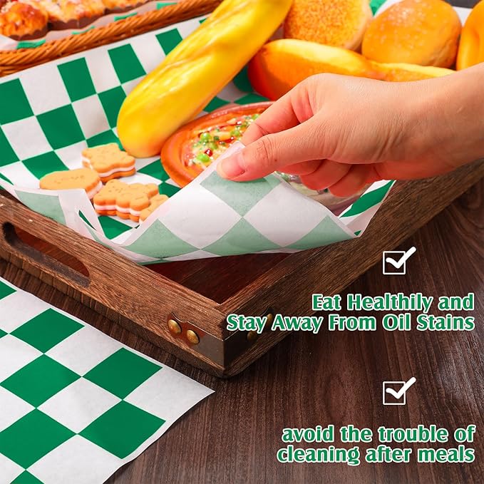 Honeydak 600 Pcs Sandwich Wrapping Paper Sheet 15x15 Checkered Food Wax Sheets Parchment Paper Basket Liner Grease Restaurant Wedding Party Supplies for Wrapping Bread Burgers(Green)