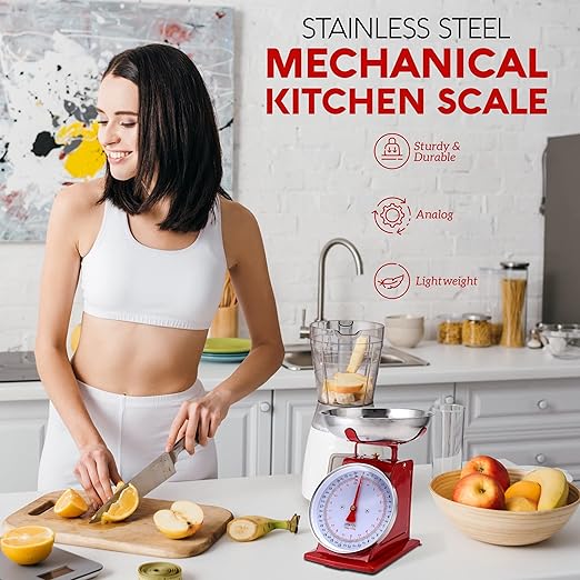 Alpine Cuisine Analog Kitchen Scale Red - Mechanical Kitchen Weighing Food Scale Weighs Up to 22 Lbs., Analog Food Scale for Kitchen - Measures in Grams and Ounces - Food Weight Scale