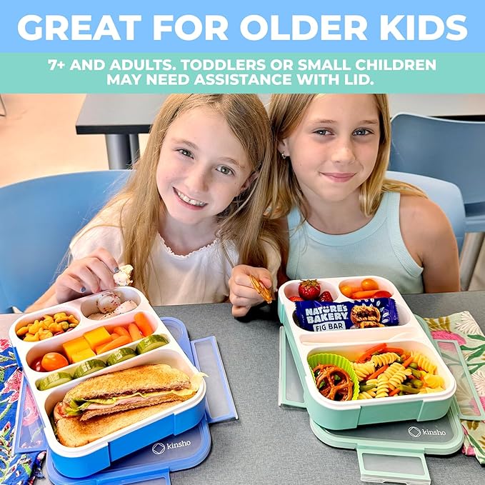 kinsho Bento Lunch-Box for Adults Kids Lunches, Portion Control Container Boxes for Women Girls Boys | Leak-proof Snack Containers, BPA-Free Utensils5 Compartments | Blue & Green 2 pack Set
