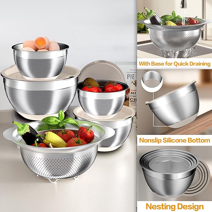 Mixing Bowls with Airtight Lids Set, 4 Stainless Steel Bowls Nesting Bowls & Colander, Kitchen Organizers and Storage Non-Slip Bottom, Size 1.5/2.0/2.5/4.0QT, Great for Mixing & Serving, Khaki