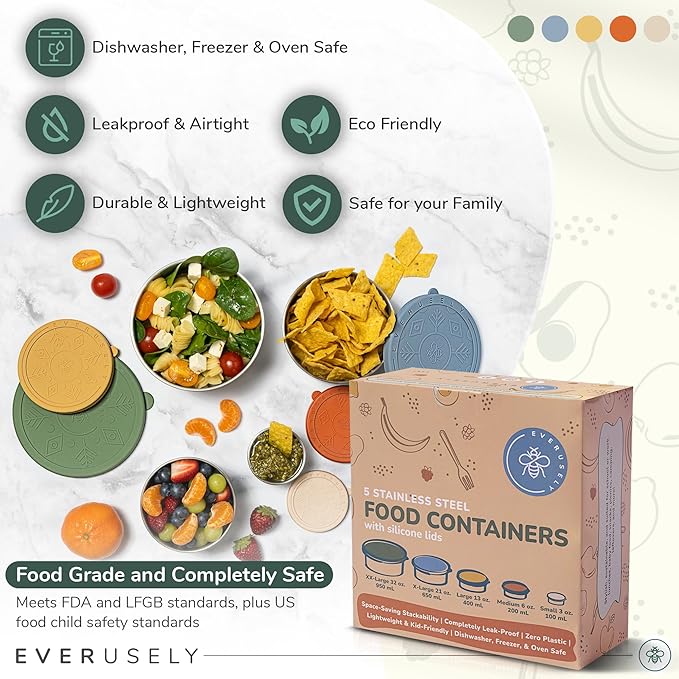 Everusely - Stainless Steel Containers with Lids - Set of 5, Muted Collection - Leakproof Stainless Steel Food Containers - Nesting Snack Holders - Metal Lunch Box - Portable & Reusable Meal Kit