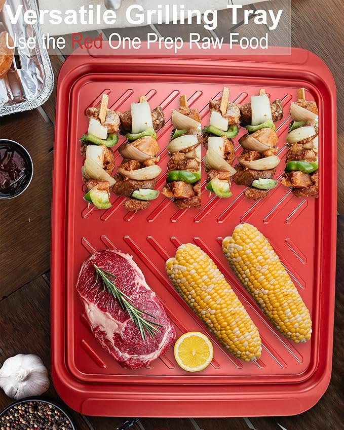 Large Grilling Prep and Serve Trays, 17.3" x 13" BBQ Platters for Raw and Cooked Food, Melamine Serving Trays for Food, Set of 2, Black and Red, Cleaning Pack Included