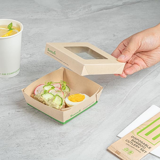 Restaurantware 13 Ounce Bamboo Paper Take Out Boxes, 50 Compostable Containers with Greaseproof Lining and Clear Window Lids