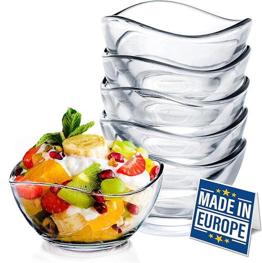 Volarium CRYSTALIA Small Glass Bowls for Kitchen Prep, Modern Round Serving Dishes for Dessert, Salad, Fruit, Pudding, Candy, Cereal, Ice Cream, Stackable Bowls Set of 6 (Medium 7 1/4 oz)