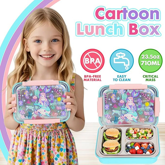 Stainless Steel Bento Lunch Box for Kids, 710ml/23.5oz BPA-Free Leak-Proof Food Containers with 3 Compartments, Back to School Students Daycare Lunches Snack Container Size for Ages 3-7