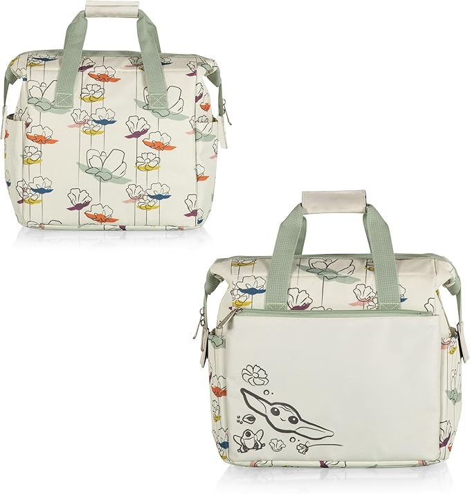 PICNIC TIME Star Wars Mandalorian Grogu Floral On The Go Lunch Bag, Soft Cooler Lunch Box, Insulated Lunch Bag, (Cream with Floral Pattern)