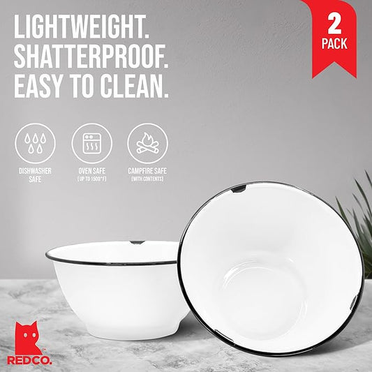 Red Co. Set of 2 Enamelware Metal Large Classic 4 quart Round Salad Serving Bowl, Distressed White/Black Rim