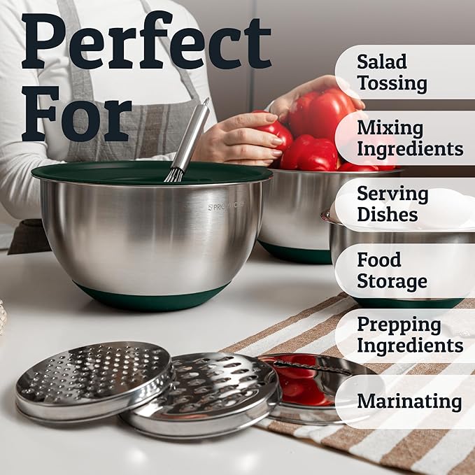 Priority Chef 28Pc Stainless Steel Mixing Bowls with Lids Set, Non-Slip Base, Air Tight Lids, 3 Graters and Utensil Set, Large Metal Nesting Bowls for Kitchen, Green