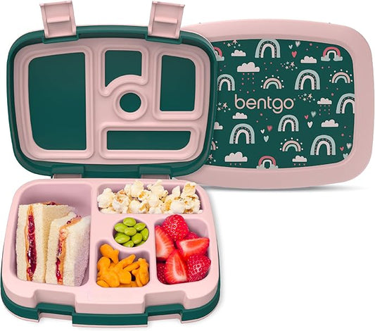 Bentgo Kids Prints Leak-Proof, 5-Compartment Bento-Style Kids Lunch Box - Ideal Portion Sizes for Ages 3-7, Durable, Drop-Proof, Dishwasher Safe, & Made with BPA-Free Materials (Green Rainbow)