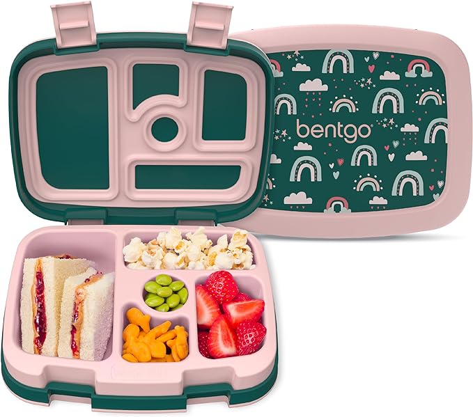 Bentgo Kids Prints Leak-Proof, 5-Compartment Bento-Style Kids Lunch Box - Ideal Portion Sizes for Ages 3-7, Durable, Drop-Proof, Dishwasher Safe, & Made with BPA-Free Materials (Green Rainbow)