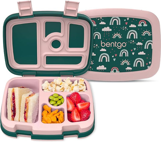Bentgo Kids Prints Leak-Proof, 5-Compartment Bento-Style Kids Lunch Box - Ideal Portion Sizes for Ages 3-7, Durable, Drop-Proof, Dishwasher Safe, & Made with BPA-Free Materials (Green Rainbow)