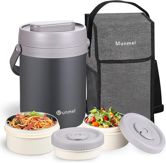 Adults Lunch Vacuum Soup Thermos For Hot Food with Inserts Stackable Bento Box Storage Container,Width Mouth Stainless Steel Portable Insulated Food Jar (grey, 74 oz)
