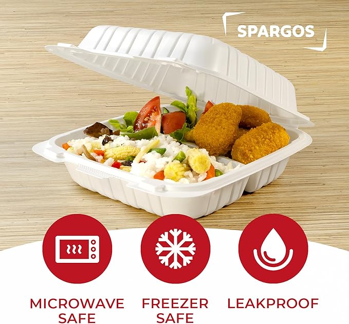 To Go Containers For Meal (60 Pack) 8" x 8" - 31oz 3 Compartments Clamshell Take Out Storage Containers Reusable - Disposable Boxes for Food - White Take Out Containers