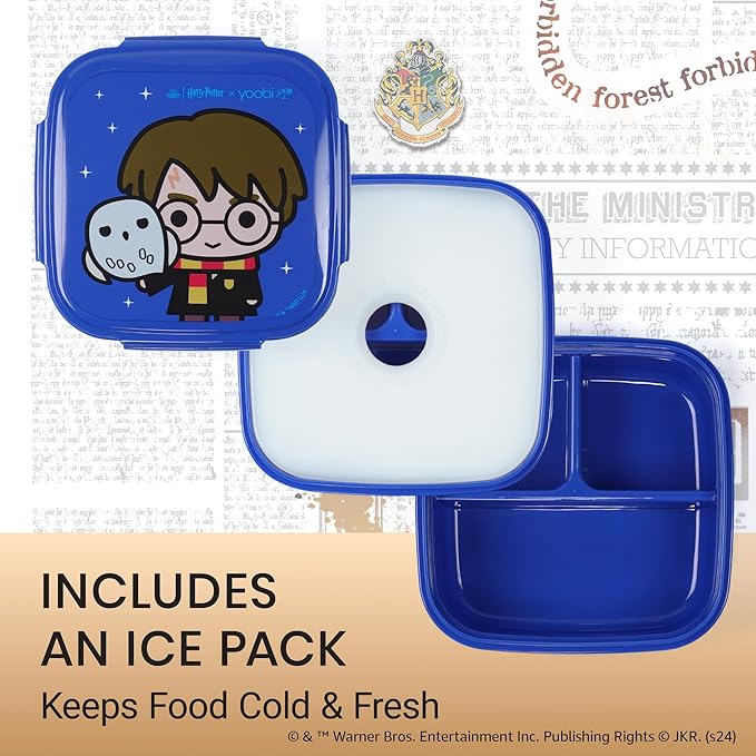 Yoobi x Harry Potter Bento Box, Snack Bags & Gel Pens Bundle – Reusable Snack Bags (3-Pack), Bento Box with Ice Pack - BPA Free, Gel Pens (10-Count) with Charms – Cute Designs for Kids & Adults