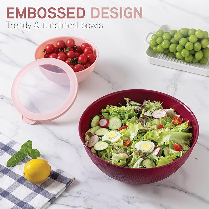 COOK WITH COLOR Mixing Bowls with Lids - 12 Piece Plastic Nesting Bowls Set includes 6 Prep Bowls and 6 Lids, Non Slip Bottom and Rhombus Design - Microwave Safe (Rose)