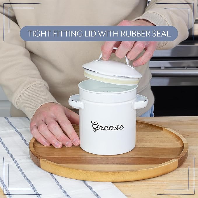 AuldHome Design Enamelware Grease Container w/ Strainer, Farmhouse Style Kitchen StorageTin, Labeled "Grease"