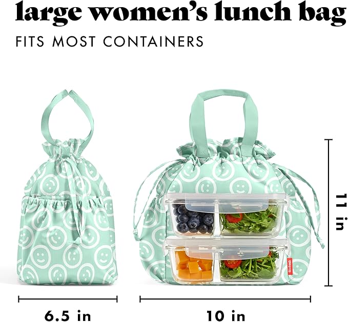 Fit & Fresh Lunch Bag For Women, Insulated Womens Lunch Bag For Work, Stain-Resistant Large Lunch Box For Women With Containers, Cinch Closure Cromwell Bag, All Smiles Mint