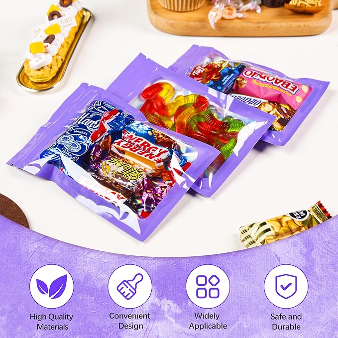 100 Pcs Mylar Bags Purple Holographic Bags with Clear Window Sealable Bags for Food Storage Resealable Bags for Small Business(4×6Inch)