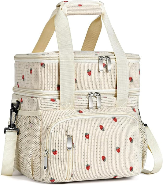 Lunch Box for Women, Double Insulated Lunch Bag Reusable Leakproof Cooler Bag Portable Picnic Food Bag, Adult Lunch Tote Lunch Bag for Work, Office, Travel, Beach - Corduroy Strawberry