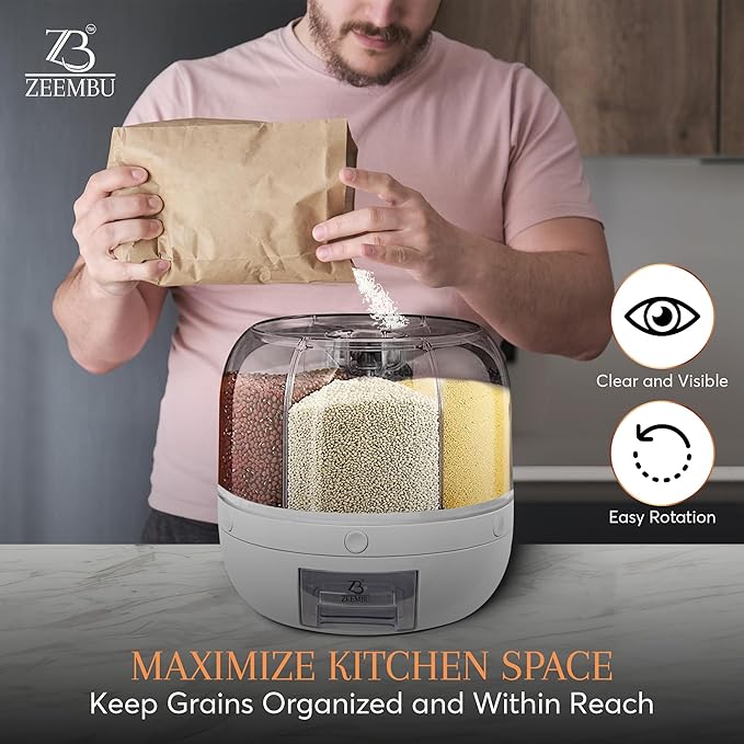 Grain and Rice Dispenser, 8 Quarts Rotating 360° Kitchen Dry Food Storage Container with 6 Compartments, Easy Disassembly for Cleaning, Compact Design