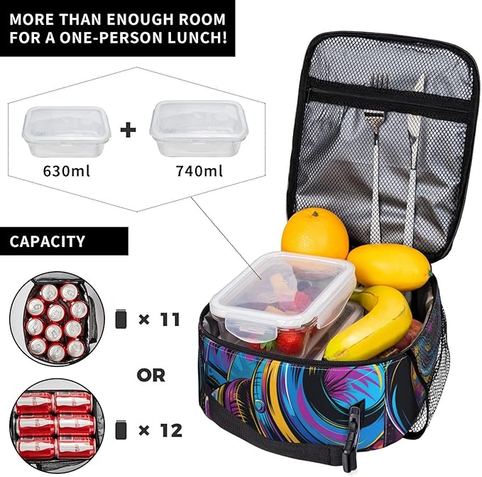 Insulated Lunch Box for Kids Boys Girls, Reusable Lunch Bag for School, Office, Work, Picnic, Travel, Headphones and Music Notes Lunch Box