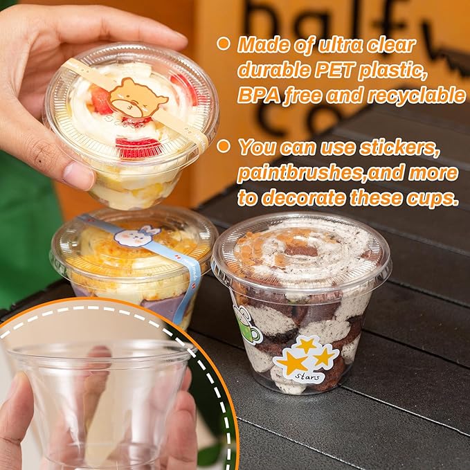 100 Pcs 8 OZ Disposable Plastic Cups with Flat Lids,Clear Portion Cups with Flat Lids,Clear Plastic Ice Cream Containers with Lid for Parfaits,Drink,Yogurt,Soups,Salad,Fruit(With Holes)