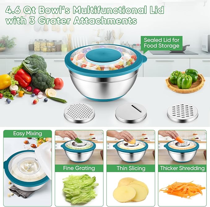 P&P CHEF Mixing Bowls with Lids Set of 3, 3 Pcs Stainless Steel Nesting Salad Bowls and Colander for Kitchen, 3 Grater Attachments & Non-Slip Bottoms, Visible & Airtight Lid, Multicolor
