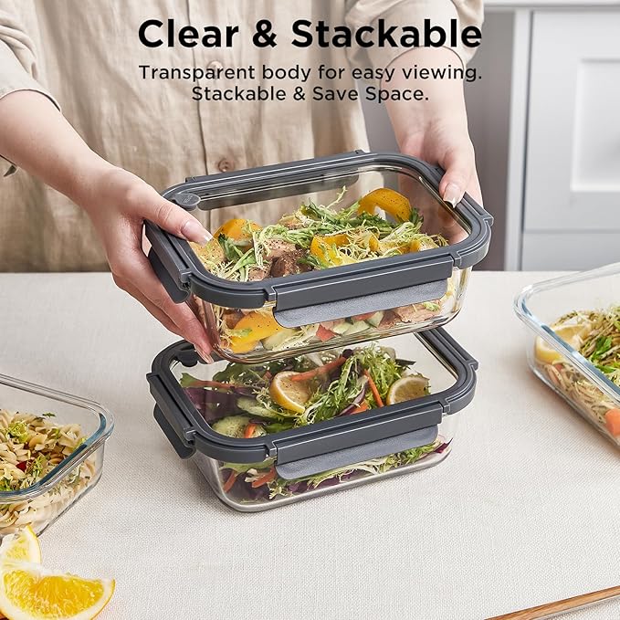 Glass Food Storage Containers with Glass Lids,10 pack [36oz*5+13.5oz*5], Glass Meal Prep Container with Airtight Lids, Microwave Safe Food Container Set, BPA Free, LeakProof, Ideal for Lunch