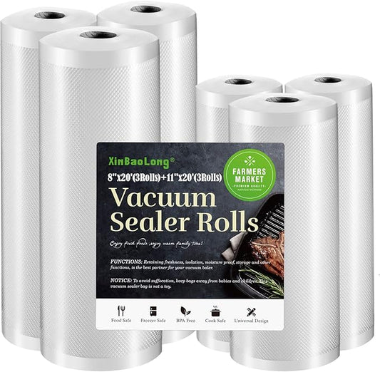 Vacuum Sealer Bags for Food 6 Pack,Vacuum Seal Bags,XinBaoLong,Commercial Grade, Heavy Duty, BPA Free,Great for Vac Storage.6 Pack 8"x20'(3Rolls) and 11"x20' (3Rolls) Total 120 Fee