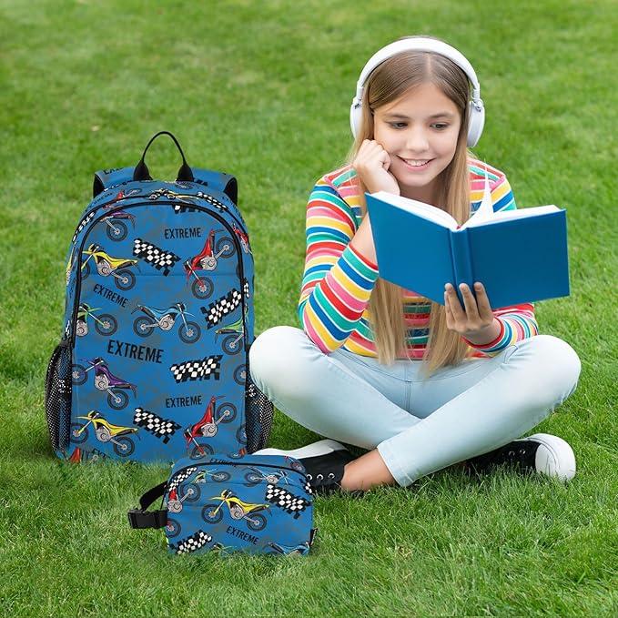 Emelivor Motorcycles Kids Backpack for Girls Boys School Bookbag with Insulated Lunch Box for Hight Middle School Book Bag