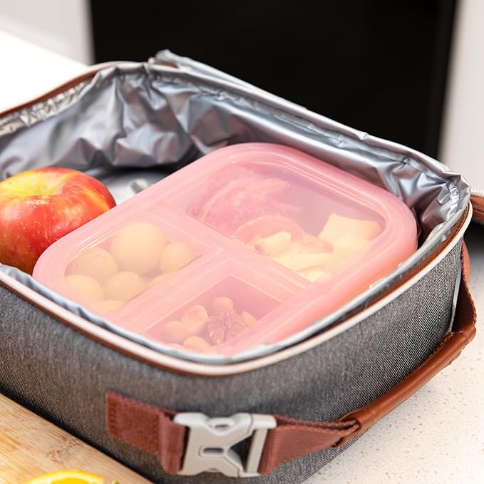 Bumkins Snack/Lunch Bento Box for Kids and Adults, 3 Compartment Container, Leak Proof Lid, for Portioning, Large Section Can Hold Sandwich, Food-Safe LFGB Platinum Silicone, Microwave-Safe, Pink