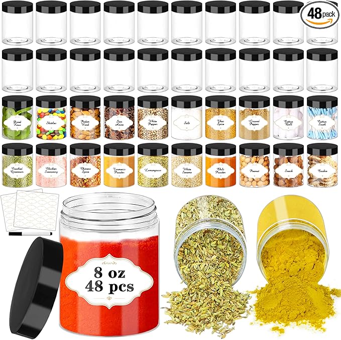 8 OZ Plastic Jars with Lids, Slime Containers with Lids 48 Pcs Airtight Round Plastic Storage Jars Wide-Mouth Containers for Slime, Kitchen and Household Food Storage of Dry Goods