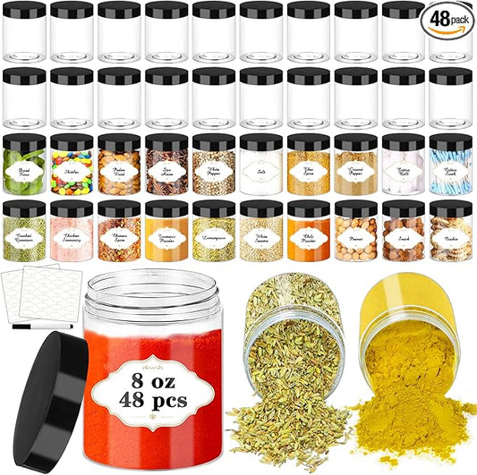 8 OZ Plastic Jars with Lids, Slime Containers with Lids 48 Pcs Airtight Round Plastic Storage Jars Wide-Mouth Containers for Slime, Kitchen and Household Food Storage of Dry Goods