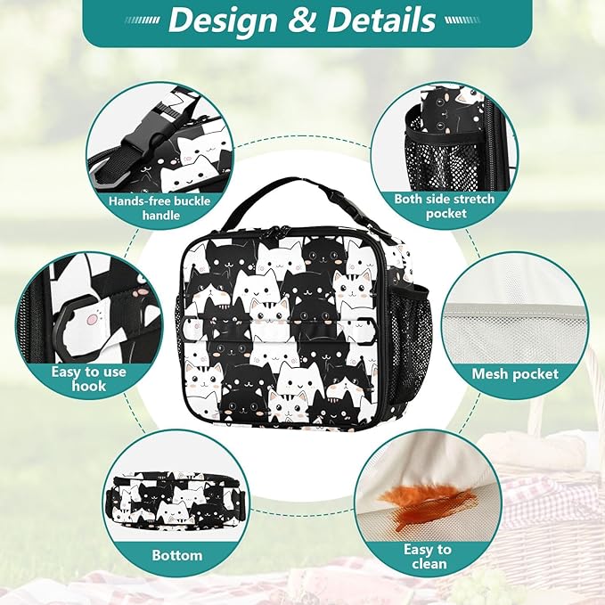 Cute Lunch Bag for Women Insulated Cat Lunch Box for Kids Girls Boys Reusable Leakproof Lunch Tote Bag with Shoulder Strap for School Work Picnic
