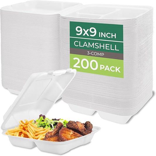 Freshware Clamshell Food Containers with Lids [9x9] 3-Compartment 200-Pack, Disposable To Go Containers, Biodegradable Sugarcane To Go Boxes - Paper Containers - Microwave & Freezer Safe, Stackable