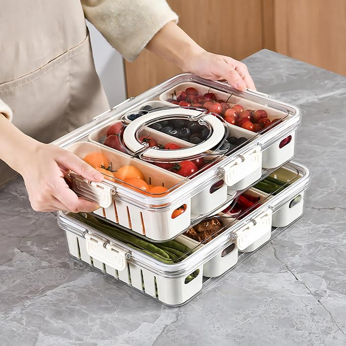 Eanpet Divided Veggie Tray with Lid and Handle 4 Compartment Serving Tray Portable Travel Snack Storage Containers Stackable Snackle Box Charcuterie Container for Fruit,Vegetable,Salad