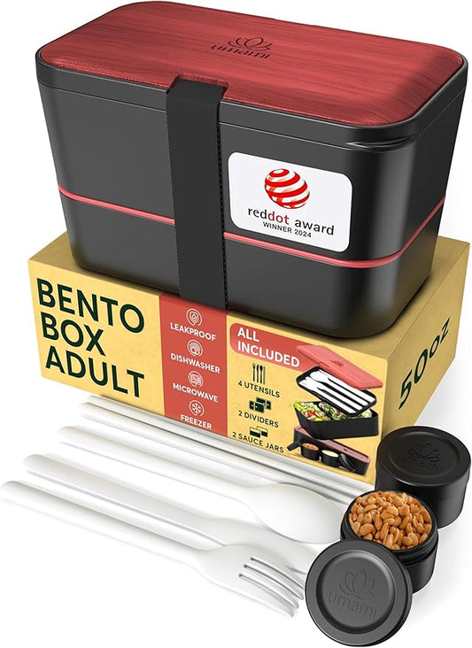 Umami Premium Lunch Box Containers w/ 4 Utensils, 2 Sauce Jars, Nestable Space-Saving Bento Box Adult, 100% Leakproof, Microwavable Lunch Containers for Adults, Rosewood Black, 50 oz