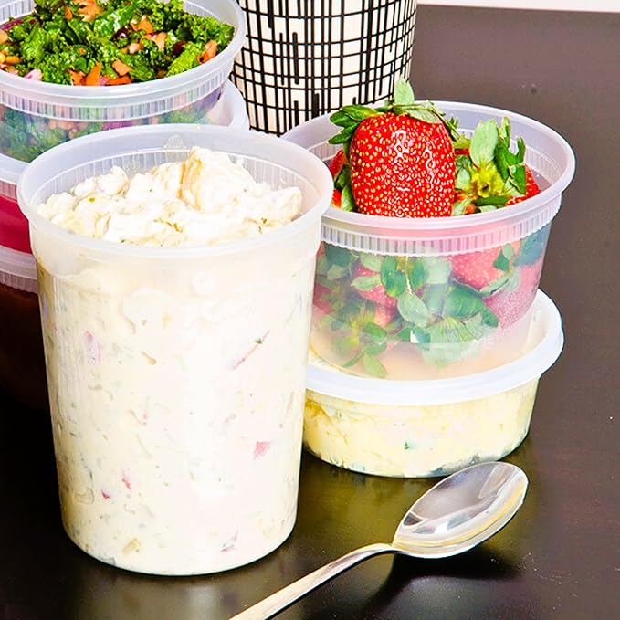 Deli Containers with Lids, Disposable Plastic Lunch Combo 60 Sets, 20 8 oz. & 20 16 oz. & 20 32 oz. Clear Food Storage Containers Leakproof, Plastic Round Freezer Soup Containers for Food