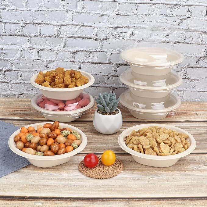 12 oz Round Disposable salad bowls with lids, Sugarcane Fiber Paper Bowls take away food containers Plant Fibers Freezer Safe 50 Pack