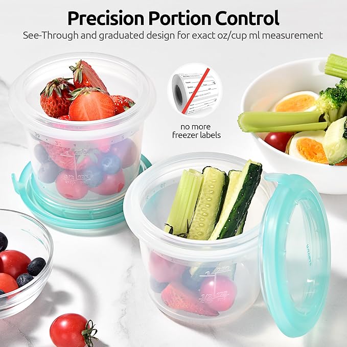 U-Taste 1 Cup Silicone Food Container: Small Kitchen Storage with Airtight Lid, Freezer & Microwave Safe, Fruit Box with Date Marking Circle, Clear Stackable for Meal Prep Portion (Set of 2, Teal)