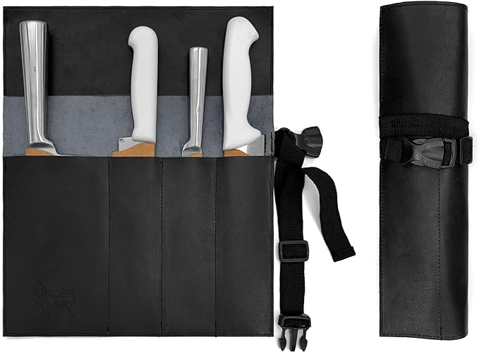 Under NY Sky Genuine Leather Knife Roll Case - 4 Slots - Real Leather Pouch - Portable Bag for Cooking Tools, Utensils, Cutlery Knives, Brushes - Chefs, Kitchen, Travel, Gift - Black L