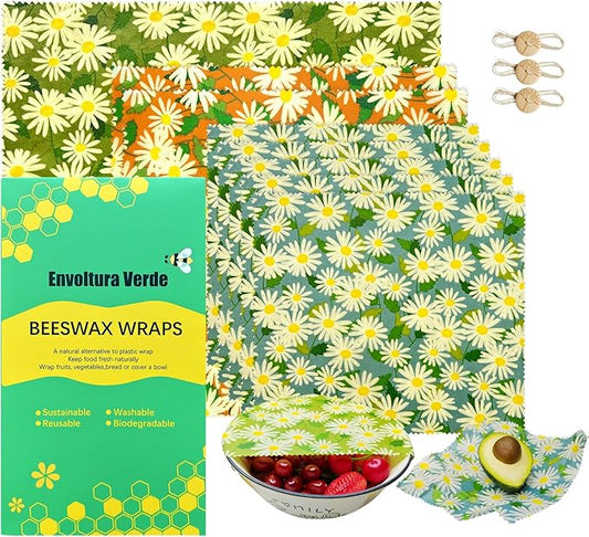 9 Pack Reusable Beeswax Food Wraps, Eco-Friendly Food Storage, Large, Medium and Small Food Wraps with 3 Sealing Strings