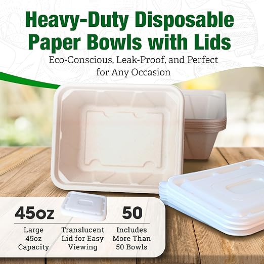 50 Pack 45 Oz Large Paper Bowls with Lids, Heavy Duty Compostable Paper Bowls for Party, Disposable Bowls Bulk Leakproof and Microwave Safe for Hot/Cold Use (45 OZ)