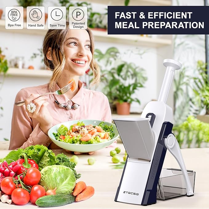 5 in 1 Safe Mandoline Slicer for Kitchen, Safe Vegetable Chopper with Paring Knife, Adjustable Thickness, Easy to Clean, Vegetable Slicer, Slicing, Strips, Shredding, Dicing, Chop (DarkBlue)