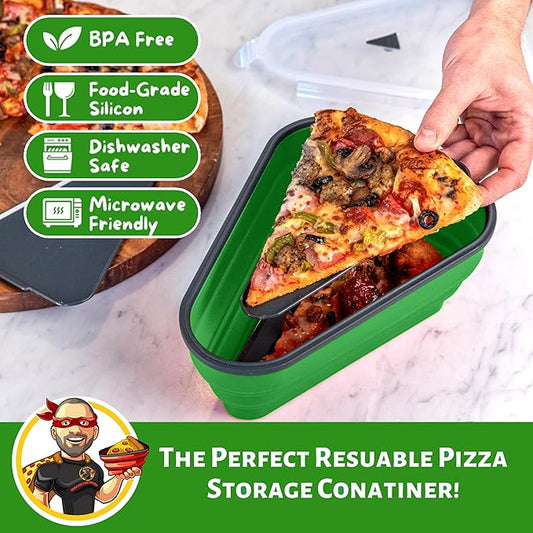 PIZZA PACK The Perfect Reusable Pizza Storage Container with 5 Microwavable Serving Trays - BPA-Free Adjustable Pizza Slice Container to Organize & Save Space, 4 Pack, Green