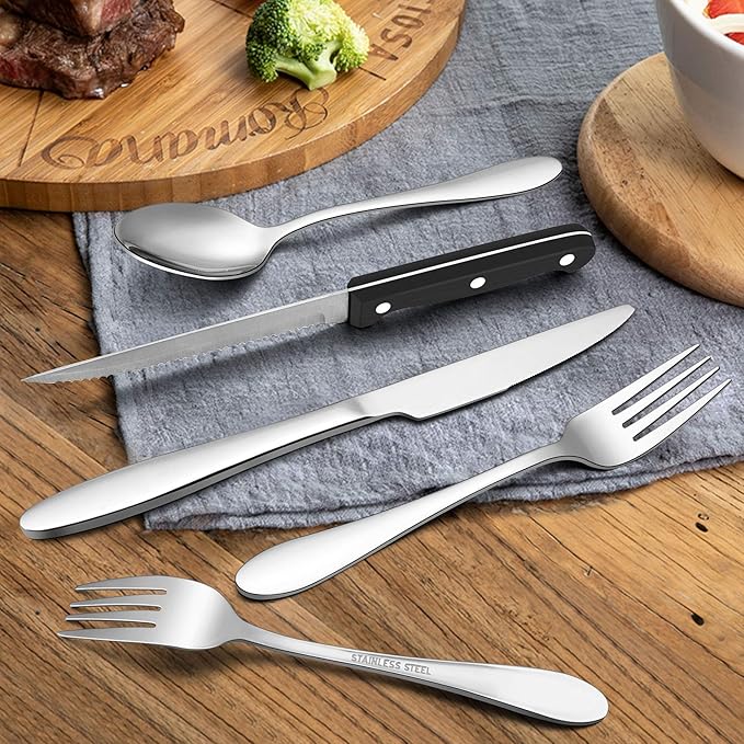 LIANYU 24-Piece Silverware Set with Steak Knives, Stainless Steel Flatware Cutlery Set for 4, Fork Spoon Knife Eating Utensils Tableware, Dishwasher Safe