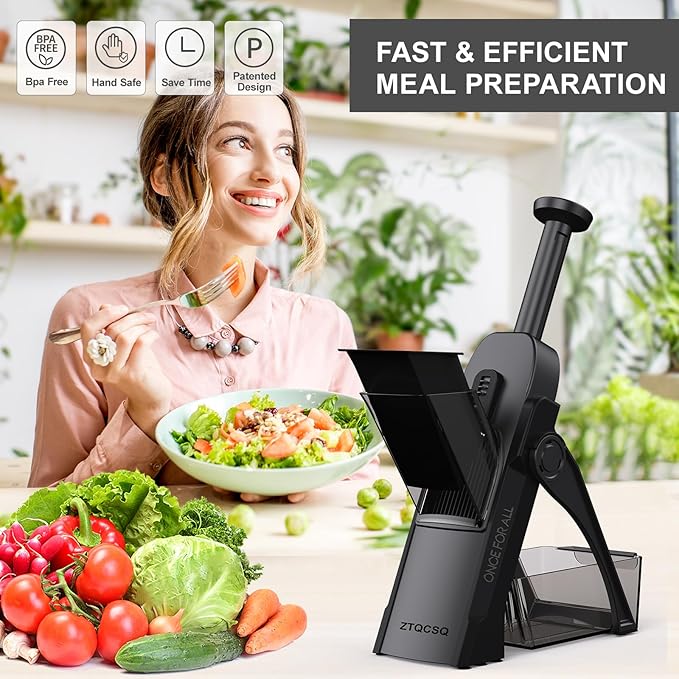 5 in 1 Safe Mandoline Slicer for Kitchen, Safe Vegetable Chopper, Paring Knife, Adjustable Thickness, Easy to Clean, Vegetable Slicer, Slicing, Strips, Shredding, Dicing, Chop (Black Knight)
