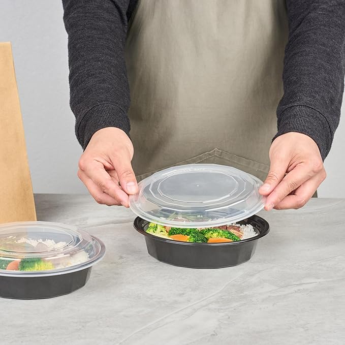Restaurantware Asporto 24 Ounce To Go Boxes 100 Microwavable Take Out Food Containers - Clear Plastic Lids Included Do Not Contain BPA Black Plastic Catering Food Containers Disposable Round